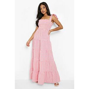 Petite Gingham Pom Pom Shoulder Maxi Dress  pink 32 Female