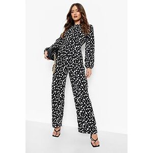 Polka Dot Open Back Wide Leg Jumpsuit  black 40 Female