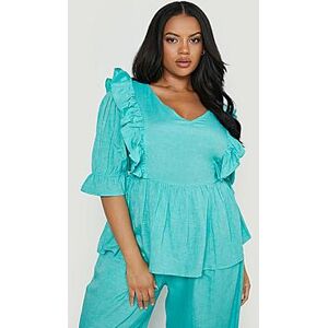 Plus Linen Frill Smock Top  turquoise 56 Female