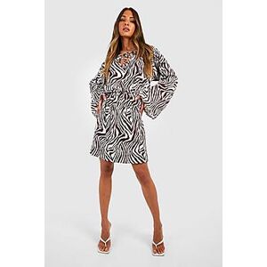 Zebra Flare Sleeve Tie Smock Dress  chocolate 44 Female