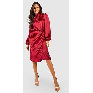 Satin High Neck Draped Wrap Midi Dress  berry 42 Female