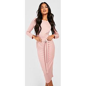 Basic Long Sleeve Tie Waist Crepe Midi Dress  rose 36 Female