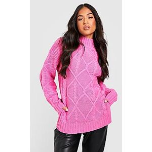 Petite Cable Knitted High Neck Split Hem Jumper  pink XS Female