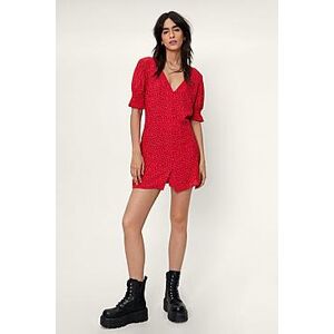 Polka Dot Print Button Front Mini Dress  red 34 Female