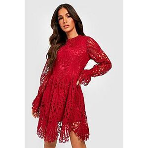High Neck Flared Sleeve Lace Skater Dress  red 38 Female