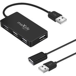 MaxLife Home Office 4-i-1 USB-A Multiport Adapter m. 4 x USB-A - Sort