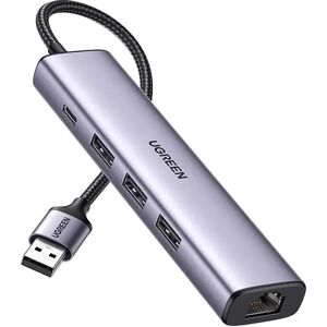 UGREEN 5-in-1 USB-A Adapter 1 x USB-C - 3 x USB 3.0 - 1 x RJ45 Ethernet - Sølv