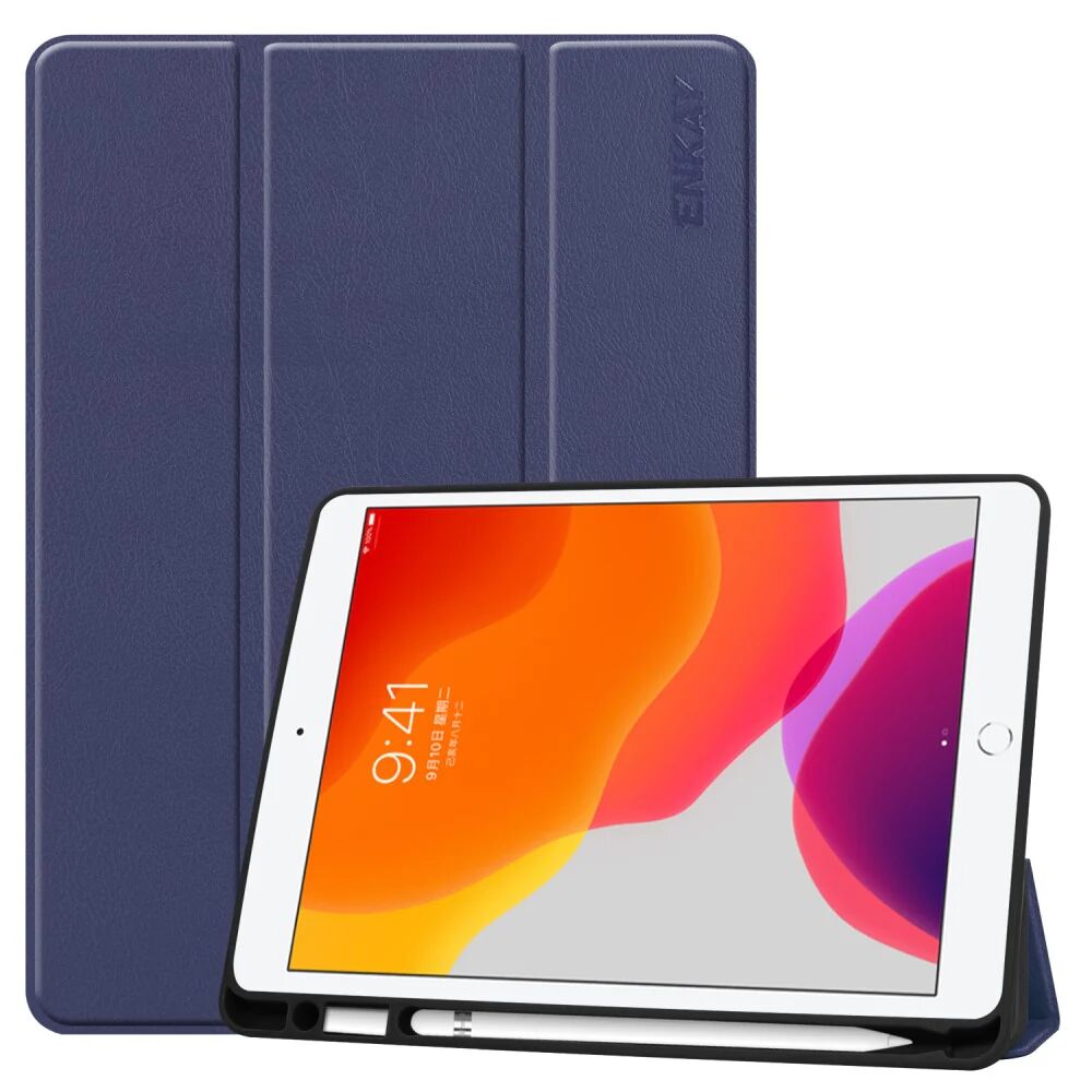 ENKAY iPad 10.2" (2020 / 2019) ENKAY Tri-Fold Læder Cover m. Apple Pencil Holder Blå