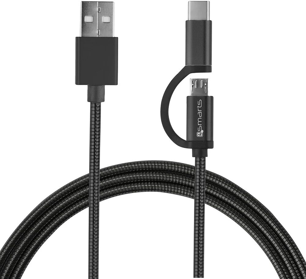 4smarts ComboCord 2-i-1 Kabel (2A/10W) USB2.0 - USB-C / Micro USB Kabel Sort 1 m.