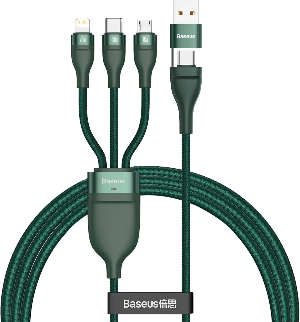 Baseus Flash Series 3-i-2   USB-C / Lightning / Micro USB 100W Kabel 1.2m. - Grøn