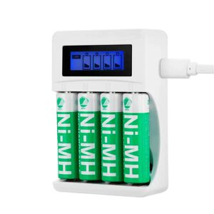 Deltaco USB Batteri Oplader til 4 x AA/AAA Ni-MH / Ni-Cd m. 4 Stk AA Batterier - Hvid