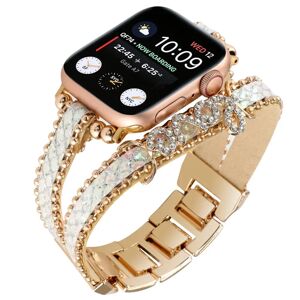 MOBILCOVERS.DK Apple Watch (38/40/SE/41mm) Metal og Læder Rem m. Rhinsten - Guld / Hvid