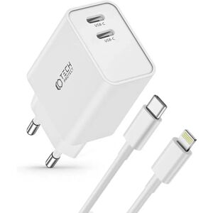 Tech-Protect Network PD 35W Vægoplader m. 2 x USB-C & Lightning Kabel - Hvid