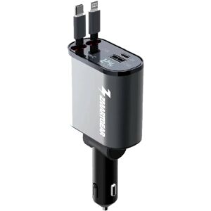 Zmartgear 4-i-1 60W Biloplader m. Udtrækkelig USB-C & Lightning Kabel - USB-C & USB-A Port - Sort