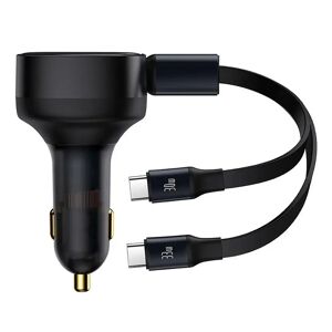 Baseus 33W Biloplader m. Udtrækkelig Ledning m. 2 x USB-C Kabel - Sort