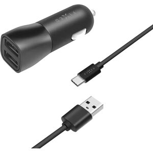 Fixed Dual 15W Biloplader m. 2 x USB-A & 1 x USB-C Kabel - Sort