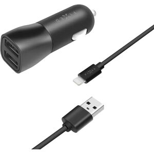 Fixed Dual 15W Biloplader m. 2 x USB-A & 1 x Lightning Kabel - Sort