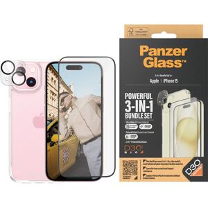 iPhone 15 PanzerGlass 3-i-1 Bundle m. EasyAligner - Cover / Skærmbeskyttelse (UWF) / Kamerabeskyttelse - Gennemsigtig / Sort