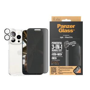 iPhone 15 Pro PanzerGlass 3-i-1 Bundle m. EasyAligner - Cover / Privacy Skærmbeskyttelse (UWF) / Kamerabeskyttelse - Gennemsigtig / Sort