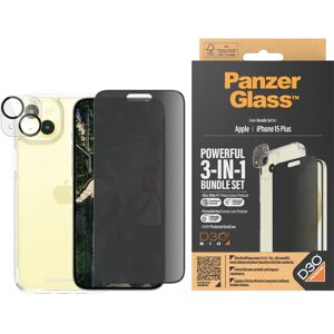 iPhone 15 Plus PanzerGlass 3-i-1 Bundle m. EasyAligner - Cover / Privacy Skærmbeskyttelse (UWF) / Kamerabeskyttelse - Gennemsigtig / Sort