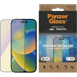 iPhone 14 Pro PanzerGlass AntiBacterial Ultra-Wide Fit Skærmbeskyttelse - Anti-Blue Light- EasyAligner - Diamond Strength - Gennemsigtig / Sort Kant