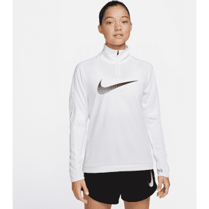 Langærmet Nike Dri-FIT Swoosh-løbemellemlag med 1/4 lynlås til kvinder - hvid hvid XL (EU 48-50)