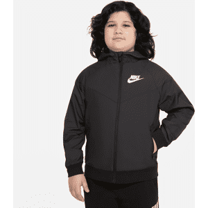 Løstsiddende, hoftelang Nike Sportswear Windrunner-jakke (udvidet størrelse) med hætte til større børn (drenge) - sort sort M+