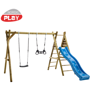 NORDIC PLAY Gyngestativ 240 cm med platform m/1 sort gynge og 1 sort trapez inkl. blå rutsjebane - 805-628