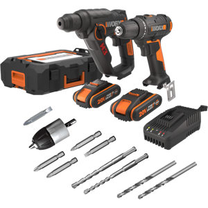 Worx  20V combo, WX100.9 + WX390.9, 2x2.0Ah, 3-5hr Oplader, tool box WA4229