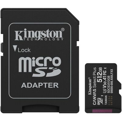 Kingston 512 GB microSDXC Canvas Select Plus Gen3 150 MB/s A1-kort + adapter, Hukommelseskort Kingston 512 GB microSDXC Canvas Select Plus Gen3 150 MB/s A1-kort + adapter, Hukommelseskort