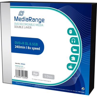 MediaRange MR465 tom DVD 8,5 GB DVD+R DL 5 stk, DVD tomme medier MediaRange MR465 tom DVD 8,5 GB DVD+R DL 5 stk, DVD tomme medier