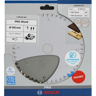Bosch PRO træ-/alu-ledningsfri rundsavklinge 165 mm, twin pack Bosch PRO træ-/alu-ledningsfri rundsavklinge 165 mm, twin pack