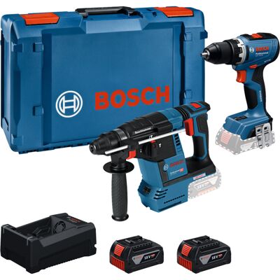 Bosch Kombisæt batteridrevet bore-/skruemaskine 18 volt 65 + borehammer 18 volt 26 med 2 batterier 5 Ah og oplader Bosch Kombisæt batteridrevet bore-/skruemaskine 18 volt 65 + borehammer 18 volt 26 med 2 batterier 5 Ah og oplader