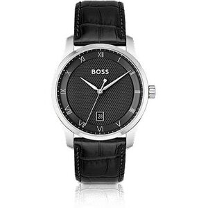 Boss Leather-strap watch with black patterned dial