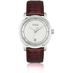 Boss Leather-strap watch with silver-white patterned dial