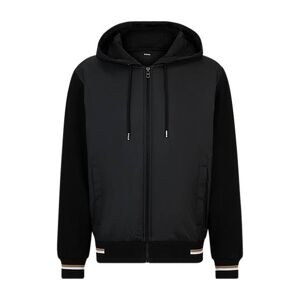 Boss Mixed-material zip-up hoodie with signature-stripe trims