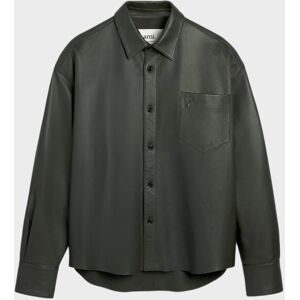 AMI Boxy Fit Lambskin Shirt Dark Olive Green M