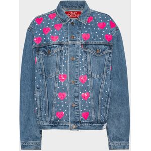 Caro Editions Upcycled Denim Jacket Beaded Pink Hearts M/L