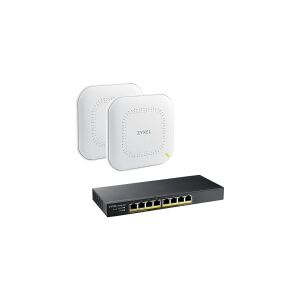 ZyXEL Communications Zyxel GS1915 Netzwerk Starter Kit GS1915-8EP 1x + NWA90 2x - Starter Kit - switch - 2x WiFi 6 Access Points & 8-Port PoE Smart-administreret Switch [NWA90AX & GS1915-8EP] - smart - 8 x 10/100/1000 (PoE+) - desktop, væg-monterbar - PoE