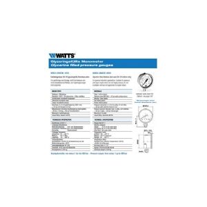 Watts Industries Nordic AB Csslr Plus glycerinfyldt manometer Ø100 x ½ lodret tilslutning, RF stål. Type MG1-INOX 100. Klasse 1,6