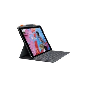 Logitech Slim Folio - Tastatur og folio-kasse - trådløs - Bluetooth LE - QWERTY - UK - oxford-grå - for Apple 10.2-inch iPad Wi-Fi  10.5-inch iPad Pro Wi-Fi  10.9-inch iPad Wi-Fi  iPad Air Wi-Fi