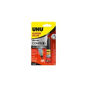 UHU Superlim Control, 3 g Ultrahurtig og ekstremt stærk, flydende superlim med i en tube med Direct-Stop-Technology. Sikrer nem og kontrolleret påføring af den ønskede mængde lim, helt uden at dryppe. Flyder ud i selv de mindste hjørner og samlinger. Tåle