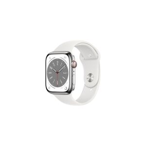 Apple Watch Series 8 (GPS + Cellular) - 45 mm - sølv rustfrit stål - smart ur med sportsbånd - fluoroelastomer - hvid - båndstørrelse: Almindelig - 32 GB - Wi-Fi, LTE, Bluetooth, UWB - 4G - 51.5 g