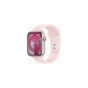 Apple Watch Series 9 (GPS) - 45 mm - pink aluminum - smart ur med sportsbånd - fluoroelastomer - light pink - båndstørrelse: M/L - 64 GB - Wi-Fi, UWB, Bluetooth - 38.7 g