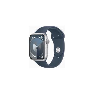 Apple Watch Series 9 (GPS) - 45 mm - sølvaluminium - smart ur med sportsbånd - fluoroelastomer - stormblå - båndstørrelse: M/L - 64 GB - Wi-Fi, UWB, Bluetooth - 38.7 g