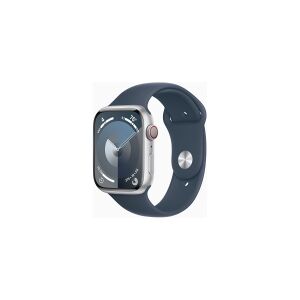 Apple Watch Series 9 (GPS + Cellular) - 45 mm - sølvaluminium - smart ur med sportsbånd - fluoroelastomer - stormblå - båndstørrelse: M/L - 64 GB - Wi-Fi, LTE, UWB, Bluetooth - 4G - 39 g