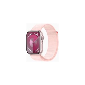 Apple Watch Series 9 (GPS) - 45 mm - pink aluminum - smart ur med sportsløkke - blød dobbeltlagsnylon - light pink - 64 GB - Wi-Fi, UWB, Bluetooth - 38.7 g