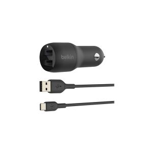 Belkin Components Belkin BoostCharge Dual Charger - Bilstrømsadapter - 24 Watt - 4.8 A - 2 output-stikforbindelser (USB) - på kabel: USB-C - sort