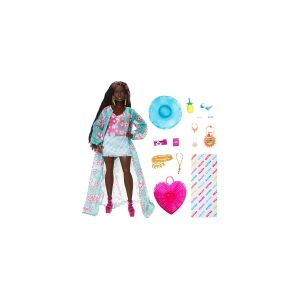 Barbie Mattel Extra Fly Beach Doll on the go with beach clothes + hat, tropical cape and large bag HPB14