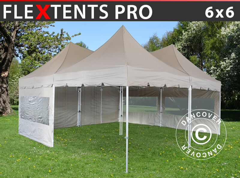 Dancover Foldetelt FleXtents Easy up pavillon PRO Peak Pagoda 6x6m, Latte, Inkl. 8 sidevæ